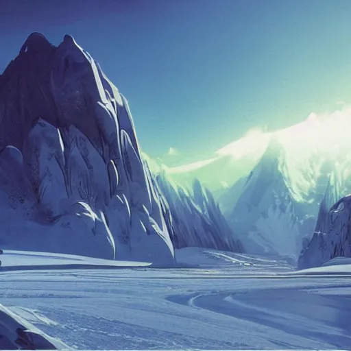 Image similar to frozen planet with mountains in clouds on the background, ravine in front, science-fiction, cinematic lighting, cinematic angle, Syd Mead, John Harris, Federico Pelat, daylight, blue sky