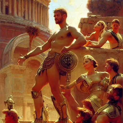 Prompt: gladiators in the coliseum. highly detailed painting by gaston bussiere, craig mullins, j. c. leyendecker 8 k