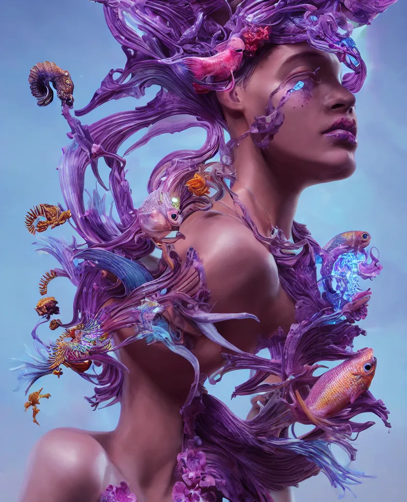 Image similar to goddess full color painted acryllic sculpture close-up portrait. orchid bird phoenix head, nautilus, skull, betta fish, bioluminiscent creatures, intricate artwork by Tooth Wu and wlop and beeple. octane render, trending on artstation, greg rutkowski very coherent symmetrical artwork. cinematic, hyper realism, high detail, octane render, 8k