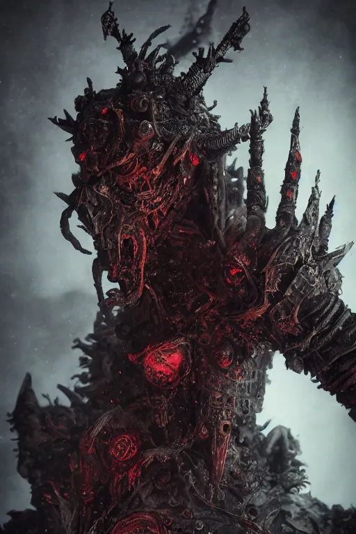 Image similar to a portrait of an ancient decayed lich king, dark fantasy setting, dynamic pose, decay, dull glowing red eyes, close - up, intricate details, intricately detailed clothing and textures, warm lighting, vivid colors, smoke and mist, hyper realistic octane render, volumetric shading, depth of field, raytracing, 8 k,