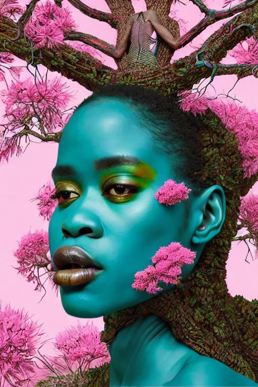 Prompt: hyperrealistic post - renaissance masterpiece super expressive! yoruba goddess with exoskeleton armor, merging with tree in a forest, pink flowers, highly detailed digital art cinematic, smooth cam de leon eric zener dramatic pearlescent soft teal light, ground angle hd 8 k, sharp focus