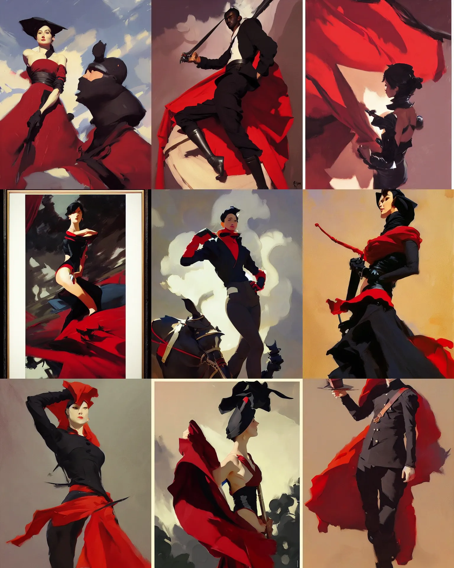 Prompt: black red cloth fabric jodhpurs greg manchess painting by sargent and leyendecker, studio ghibli, fantasy, medium shot, asymmetrical, intricate, elegant, matte painting, illustration, hearthstone, by rhads by greg rutkowski, by greg tocchini, by james gilleard, by joe fenton