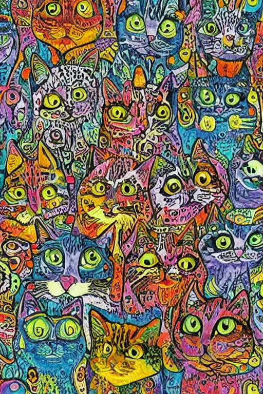 Image similar to Psychedelic cats in the style of Louis Wain