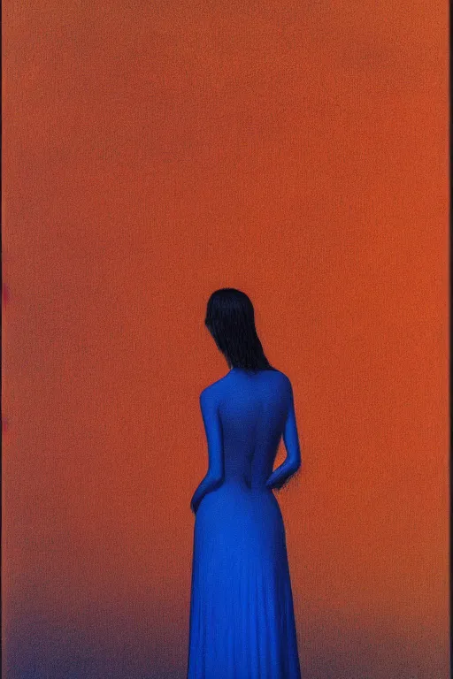 Prompt: girl with a long blue dress looking away on orange background by zdzisław beksinski