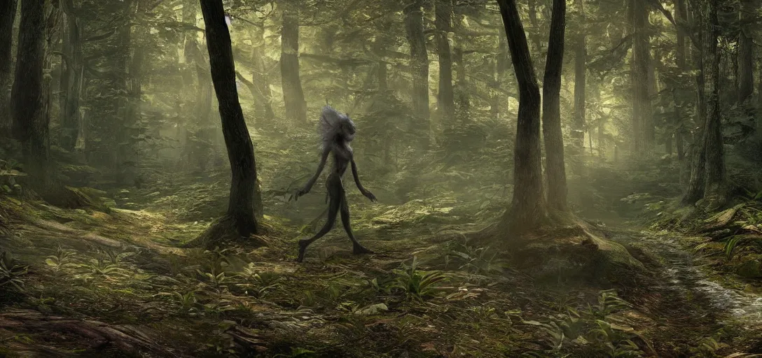 Prompt: A beautiful hyper realistic ultra detailed lifelike matte painting of a skinwalker transformation in a forest, unreal engine, deviantart, flickr, artstation, octane render, textured, colorful, extreme realistic detail, physically based rendering, pbr render, very detailed, volumetric lighting, detailed lighting, octane render, 4k, cinematic lighting, 8k resolution