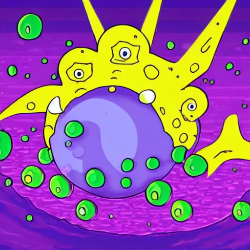 Image similar to Giant purple sphere of slime floating above an underwater city, cartoon artwork, in the style of Spongebob