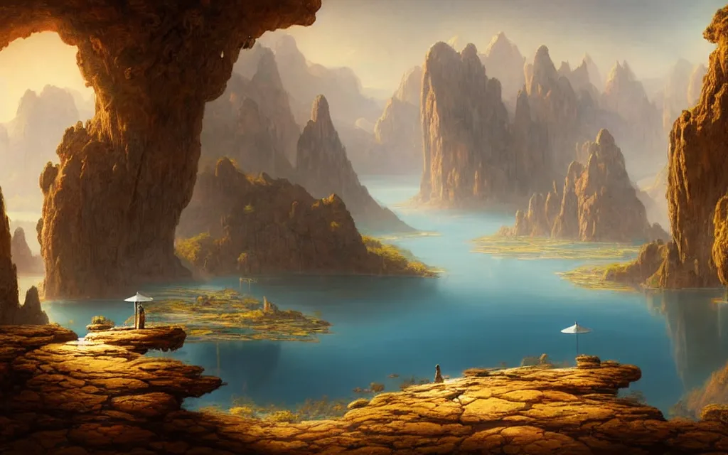 Image similar to a beautiful highly detailed matte painting of an alien planet with giant lotus with a lake surrounded by a canyon and rocks. by albrecht anker concept art