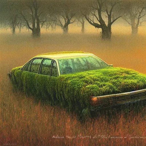 Image similar to hyper realistic painting of an abandoned holden commodore covered with moss, an Australian summer landscape, by Zdzislaw Beksinski