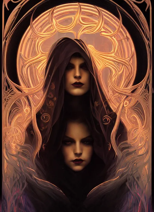 Image similar to book cover, front portrait, dark witch with black hood and evil eyes, realism, soft, smooth, luminescent, art nouveau tarot, backlit glow, colorful swirly ripples, gaudy colors, aesthetic octane render, unreal engine, 8 k, by artgerm, greg rutkowski, alphonse mucha