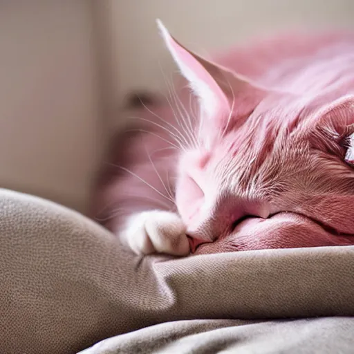 Prompt: pink furred cat sleeping in a fluffy bed