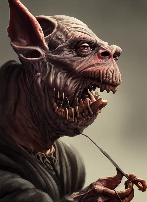 Prompt: profile face portrait of a medieval goblin eating cakes in the cloisters, beautiful face, hyper realistic, highly detailed, digital painting, artstation, illustration, concept art by hyung tae, bosch, giger, frank frazetta, digital paint, matte paint, washed colors, dark, gloomy