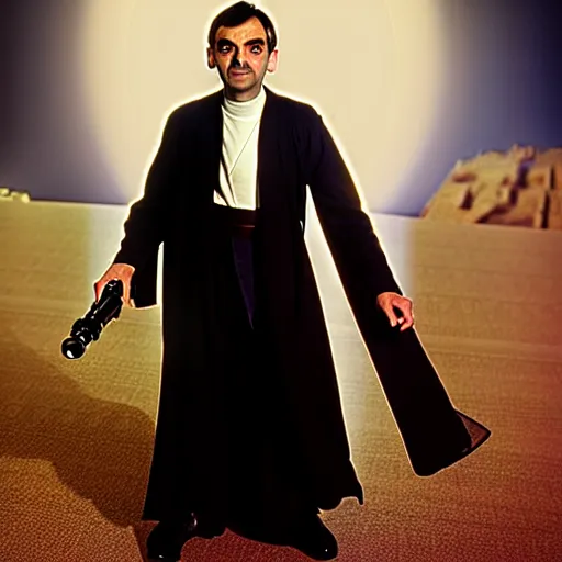 Prompt: mr. bean as anakin skywalker from star wars. movie still. cinematic lighting.