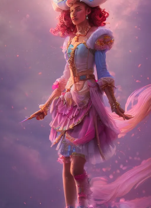 Image similar to detailed full body concept colorful pastel painting of a Disney pirate princess in intricate clothing, cinematic lighting, hyperdetailed, 8k, high resolution, insanely detailed and intricate, octane render, vfx, postprocessing, freckles, alluring