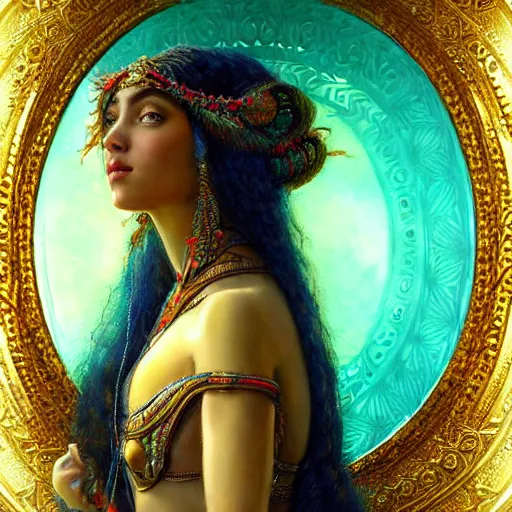 Image similar to artstation, intricate detail, hyper detail, portrait by gaston bussiere, tan skin, lady of elche, egyptian sumerian features, techno mystic goddess princess intergalactica inanna with aqua neon rapunzel dreadlocks,