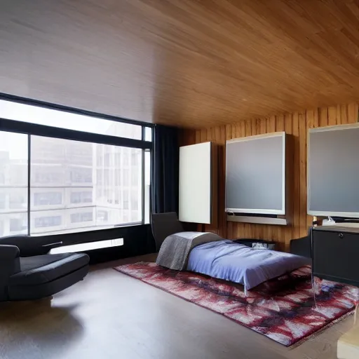 Image similar to photography of beautiful bedroom with a magnificent matte wood desk very modern and luxury, designed by philippe starck, a 2 0'screen on the office. a space with a yoga mat to practice vr with enough space. a tv hanging from the ceiling above a bed to watch tv lying down, concept room, realistic, 8 k, higly detailed.