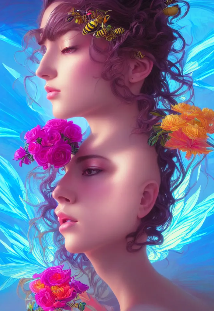 Prompt: young beautiful woman, gorgeous face, vaporwave aesthetic, synthwave, colorful, psychedelic, artstation, flowers, bees, ribbons, concept art, smooth, extremely sharp detail, finely tuned detail, 8 k, unreal engine 5, ultra sharp focus, illustration, art by artgerm and greg rutkowski and alphonse mucha