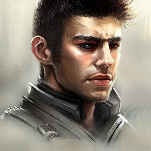 Image similar to Portrait of a man by Greg Rutkowski, he is about 20 years old, mixture turkish and russian, short dark blonde hair with bangs, attractive, angry but resigned look, he is wearing a futuristic tactical gear, highly detailed portrait, scifi, digital painting, artstation, concept art, smooth, sharp foccus ilustration, Artstation HQ.