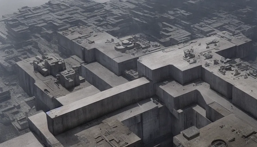 Image similar to big brutalist imperial military base on cliffs, drawing architecture,, greig fraser, very long shot, top angle, imperial architecture in rogue one, pritzker architecture prize, brutalism architecture, jan urschel