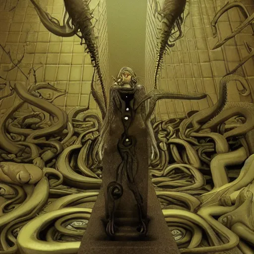 Image similar to lovecraft demons in cybernetic dreams of a young girl, escher, award winning, 8 k photorealistic, cinematic, highly detailed