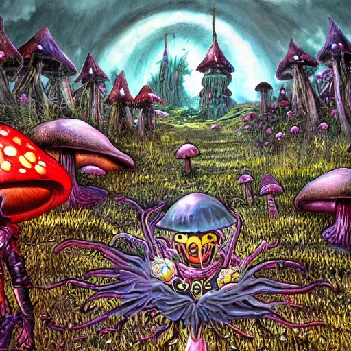 Image similar to 4 k headshot portrait of a psychedelic demonic anthropomorphic insect knight with mushroom themed clothes, magic mushroom village in background by jeff easley, award winning, stylized neon, post - processing, masterpiece, superb resolution. in the art style of junji ito and greg rutkowski. detailed mushroom city in background. hyper realistic anime. perfect art. dalle 2