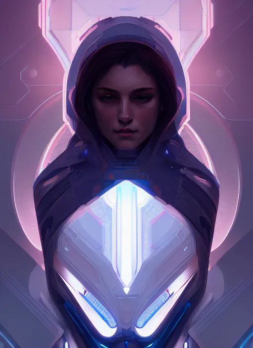 Image similar to symmetry!! portrait of faceted armour, tech wear, scifi, glowing lights!! intricate elegant, highly detailed, digital painting, artstation, concept art, smooth, sharp focus, illustration, art by artgerm and greg rutkowski and alphonse mucha