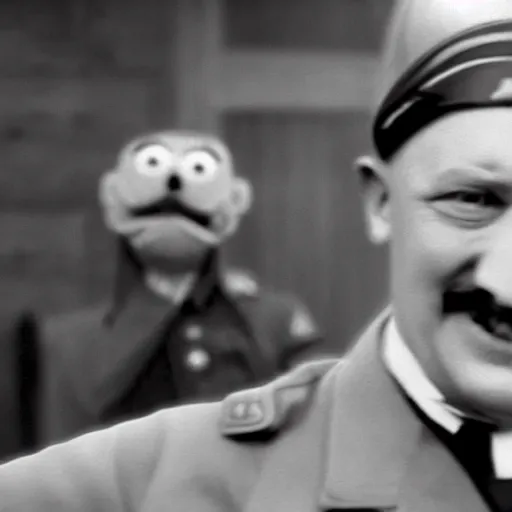 Image similar to A still of Adolf Hitler as a smiling muppet, 4k, photoreal, photograph, highly detailed, epic lighting, award winning