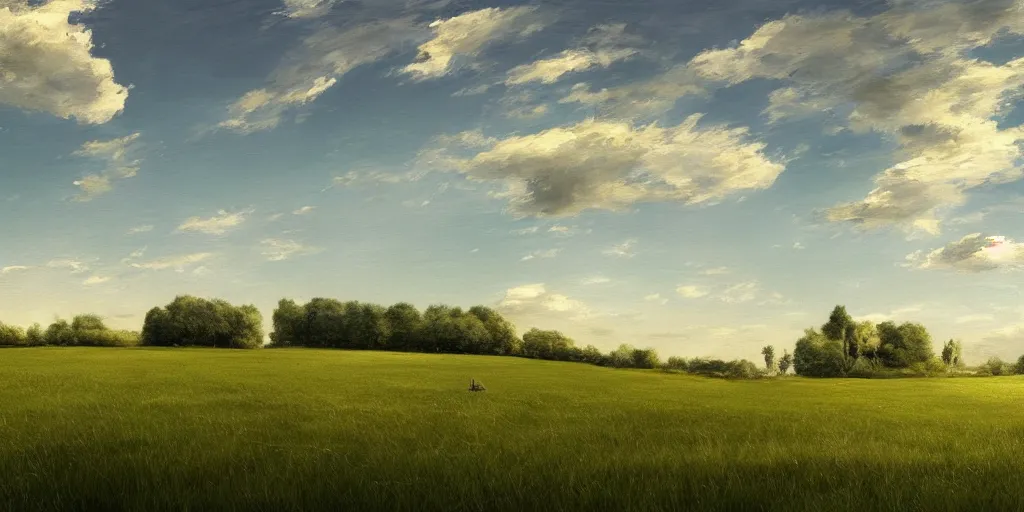 Image similar to Landscape, green meadow, blue sky, white cloud, Metaphysical painting, intricate, cinematic lighting, highly detailed, digital painting, artstation, concept art, smooth, sharp focus, illustration, hyper realism, high detail, octane render, 8k, iridescent accents, art by Giorgio de Chirico