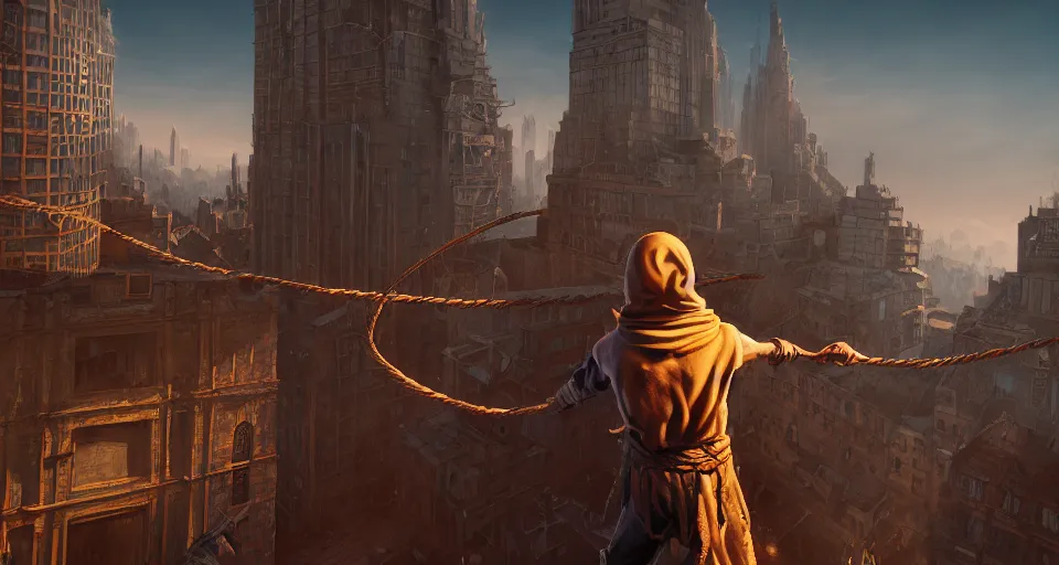 Image similar to an epic fantasy comic book style landscape painting of a hooded thief climbing a tall building with a city using a rope, unreal 5, daz, hyperrealistic, octane render, dynamic lighting