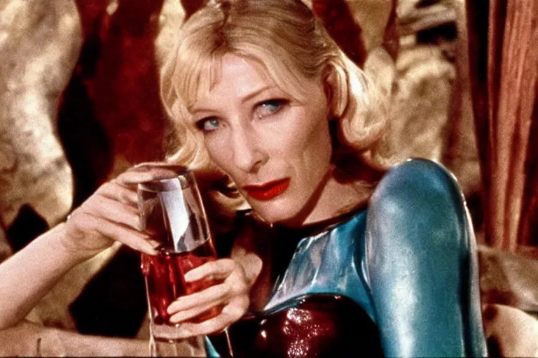 Image similar to cate blanchett drinking wine in barbarella (1968), movie still