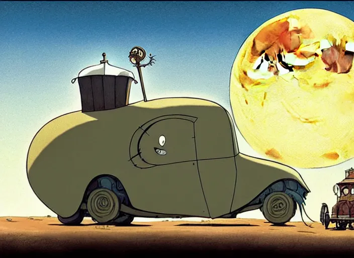 Image similar to a cell shaded cartoon of a lovecraftian snail stage coach from howl's moving castle ( 2 0 0 4 ), on a desert road, in front of a pale full moon, full body, wide shot, very dull muted colors, studio ghibli, highly detailed, deviantart, art by artgem