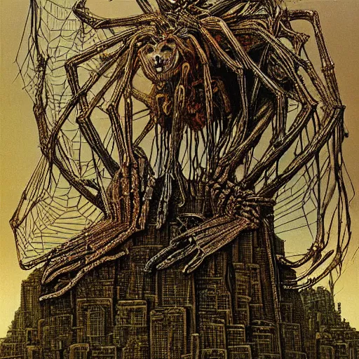 Prompt: horrific giant spider morphed with a wolf, perched on giant web spread across buildings, highly detailed beksinski and hr giger art