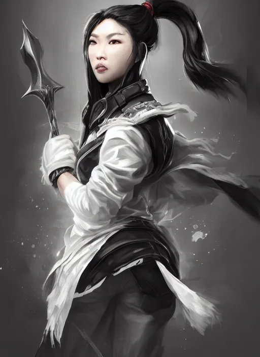 Image similar to a highly detailed illustration of fierce tall amazon messy ponytail black haired one armed delinquent asian woman wearing white cap wearing long white jacket with cape, dramatic wielding sword pose, muscular, intricate, elegant, highly detailed, centered, digital painting, artstation, concept art, smooth, sharp focus, league of legends concept art, wlop.