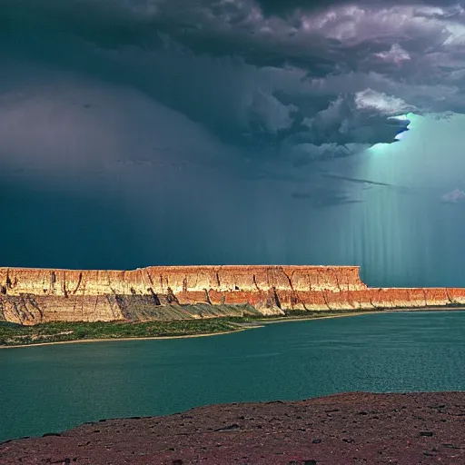 Image similar to photo of green river, wyoming cliffs during thunderstorm. the foreground and river are brightly lit by sun, and the background clouds are dark and foreboding. kodak portra 4 0 0,