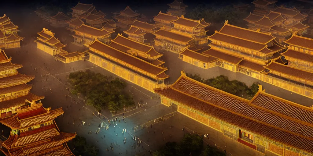 Prompt: a very high resolution image from a new movie, brightly lit forbidden city, in front of the towering skyscrapers, kongming lanterns in the sky, in the night, fantasy, low angle, wideshot, photorealistic, photography, directed by wes anderson, octane render sci - fi, engine room, digital art, highly detailed