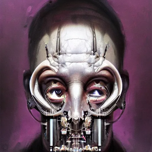Image similar to surreal portrait by Greg Rutkowski, symmetrical face, biomechanical transhuman god, disturbing, terrifying but fascinating, with a determined and sinister expression on his face, cosmic void background, frightening, fascinating, highly detailed portrait, digital painting, book cover, artstation, concept art, smooth, sharp foccus ilustration, Artstation HQ