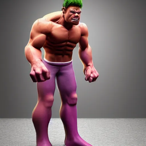 Image similar to hyper - realistic scrawny hulk with baggy pants and a pink mohawk