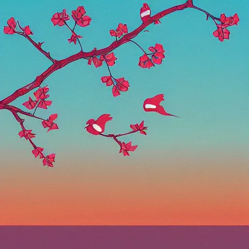 Image similar to birds on cherry tree, Changelingcore, serene, graceful, sunset photo at golden hour, Kodachrome, digital painting by M. C. Escher