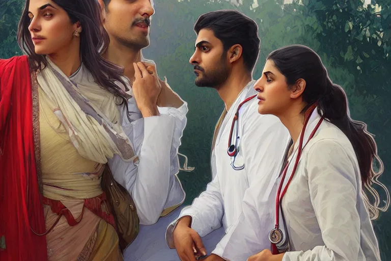 Image similar to Anxious good looking pale young Indian doctors wearing American clothes outside a hospital, portrait, elegant, intricate, digital painting, artstation, concept art, smooth, sharp focus, illustration, art by artgerm and greg rutkowski and alphonse mucha