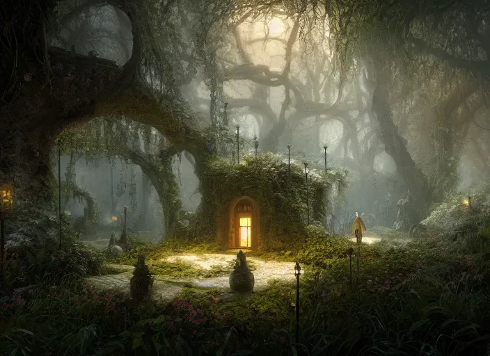 Prompt: secret garden, in the style of pan's labyrinth movie, at the bottom of the dwell, spooky, dark, concept art, unreal engine 5, matte painting, artstation, caspar friedrich, craig mullins, wlop