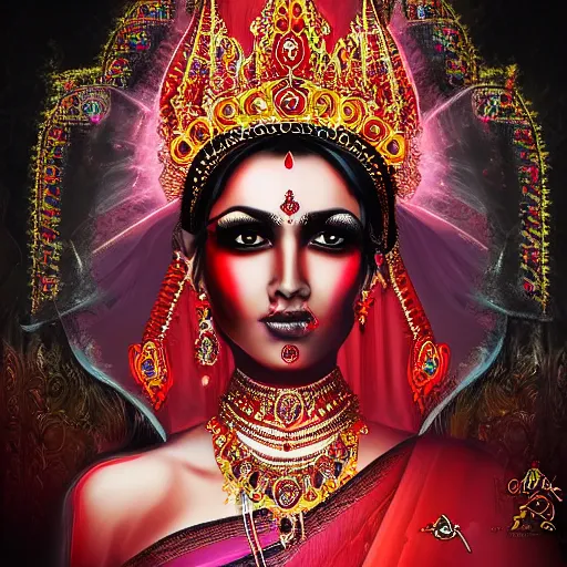 Image similar to beautiful Hindu queen of the dark with veil, in darkness, cover with a lot of red water, horror terrifying, surreal realistic, photorealistic, hyper details, full HD, 8k!