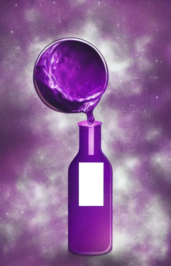 Prompt: purple liquid inside a bottle, universe background, minimalist artwork,