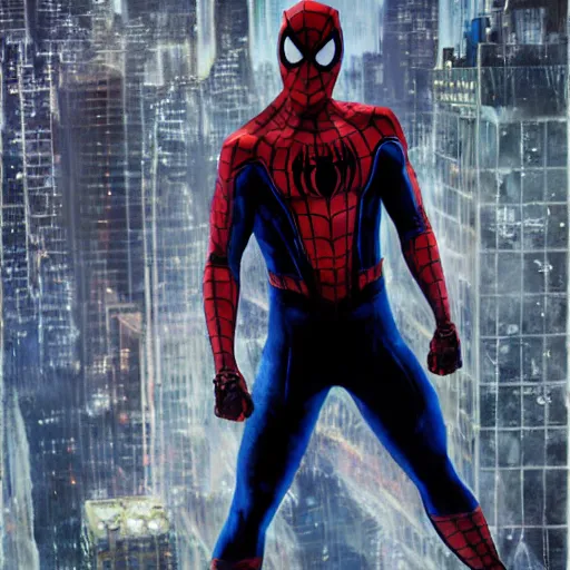 Image similar to ryan reynolds as spider - man, wearing a black and blue suit, cinematic, volumetric lighting, f 8 aperture, cinematic eastman 5 3 8 4 film, photorealistic by greg rutkowski, by stanley artgerm, by alphonse mucha