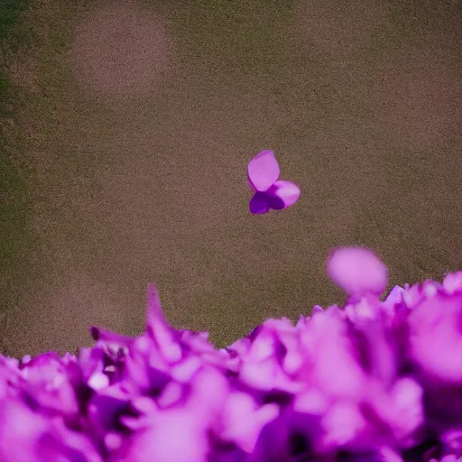 Prompt: closeup photo of 1 lone purple petal flying above a kids in park, city, aerial view, shallow depth of field, cinematic, 8 0 mm, f 1. 8 - c 1 2. 0