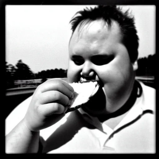 Image similar to a black and white film photograph snapshot of a fat man biting a sandwich. no hands. no fingers. holga, lomo, lomography, retro, toy camera, film, tri - x, plus - x, vintage