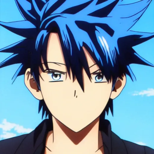 Image similar to anime key visual of a boy with blue spikey hair and water powers, anime!!!, cel shaded, shonen style, by kohei horikoshi!!!!!, big eyes, detailed, by hiromu arakawa, 8 k,