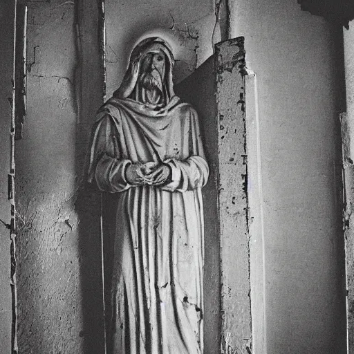 Prompt: several decrepit statues of the archangel gabriel, strewn about in a dark claustrophobic old room, wide shot, sinister, foreboding, grainy photo