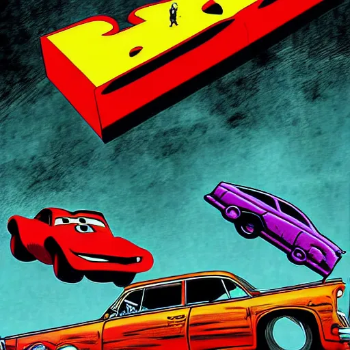 Prompt: cars being juggled in the air, comic book cover art, in the style of todd mcfarlane and jack kirby, with a haunting background, digital photography, photorealistic, realistic, extreme detail