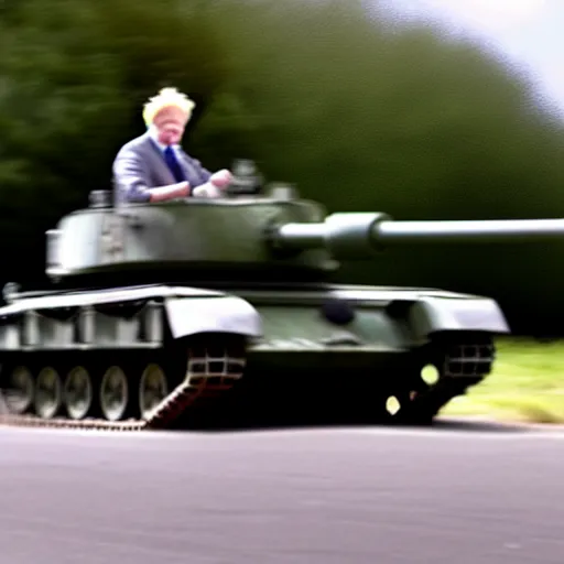 Image similar to A long shot of Boris Johnson in a tank, 4k, ultra HD