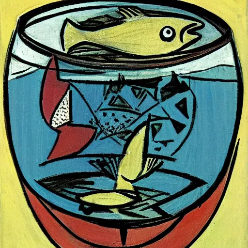 Prompt: a fish jumping from a small fishbowl to a large fishbowl, picasso sketch