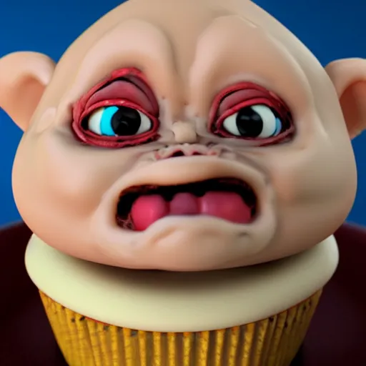 Image similar to ice cream cupcake shaped like screaming chucky doll, octane render, centered, highly detailed
